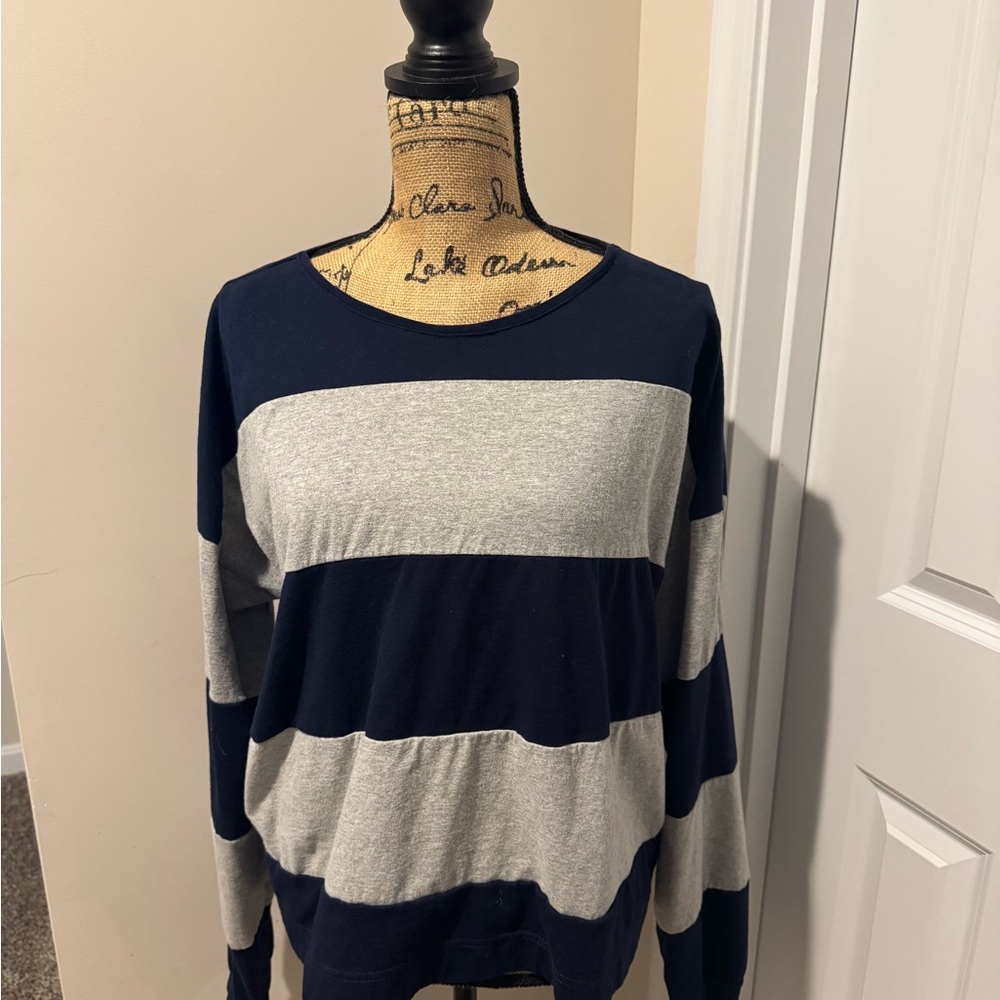 Navy and Gray Striped Women's Crew Neck Sweater